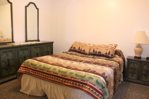 Queen bed in our suite Queen bed with pattern duvet. From the viewers right, next to the bed there is a vanity with long mirrors. To the viewers left, there is a set of drawers and a lamp.