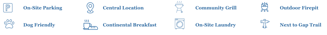 Icons of amenities: parking, location, grill, firepit, dog-friendly, breakfast, laundry, next to trail.